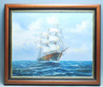 A 20TH CENTURY OIL ON BOARD PAINTING OF A TALL SHIP / BOAT.