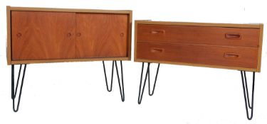 TWO VINTAGE RETRO 20TH CENTURY TEAK WOOD VENEER CABINETS ON HAIRPIN LEGS