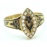 VICTORIAN 18CT GOLD SEED PEARL AND ENAMEL MEMORIAL RING