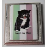 EARLY 20TH CENTURY ART DECO ERA MACHINE TURNED CIGARETTE CASE WITH A SUFFRAGETTE CAT