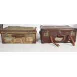 PAIR OF VINTAGE 20TH CENTURY LEATHER AND CANVAS TRUNKS.