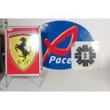 THREE VINTAGE ADVERTISING SIGNS TO INCLUDE PACE AND FERRARI