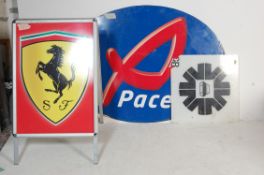 THREE VINTAGE ADVERTISING SIGNS TO INCLUDE PACE AND FERRARI