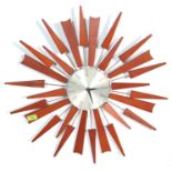 MID CENTURY TEAK WOOD AND BRASS SUNBURST CLOCK