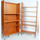 TWO RETRO 20TH CENTURY G-PLAN TEAK WOOD OPEN WINDOW BOOKCASE ON HAIRPIN LEGS