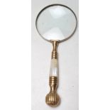 20TH CENTURY ANTIQUE STYLE BRASS AND PEARL HANDLED MAGNIFYING GLASS
