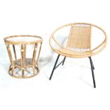 RETRO VINTAGE 1970S WICKER SATELLITE CHAIR WITH A GLASS TOPPED OCCASIONAL TABLE.