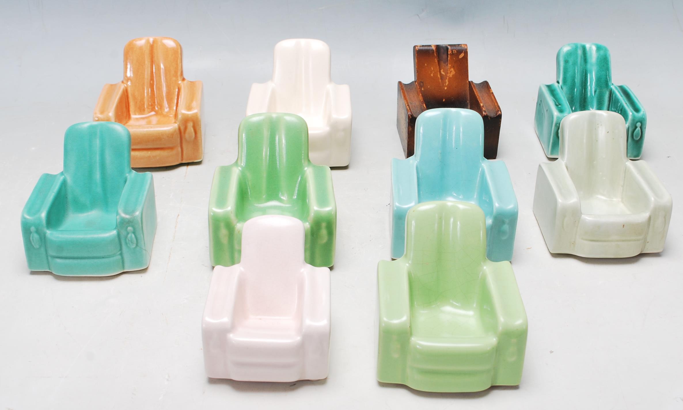 NINE 1930’S ART DECO CERAMIC ARMCHAIR PIPE STANDS / ASHTRAY
