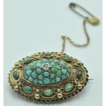 19TH CENTURY VICTORIAN YELLOW METAL, TURQUOISE AND WHITE STONE BROOCH