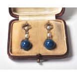 EDWARDIAN LAPIS PEARL AND DIAMOND DROP EARRINGS