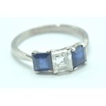 CONTEMPORARY DIAMOND AND SAPPHIRE THREE STONE RING