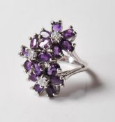 SILVER WHITE AND PURPLE STONE CLUSTER RING