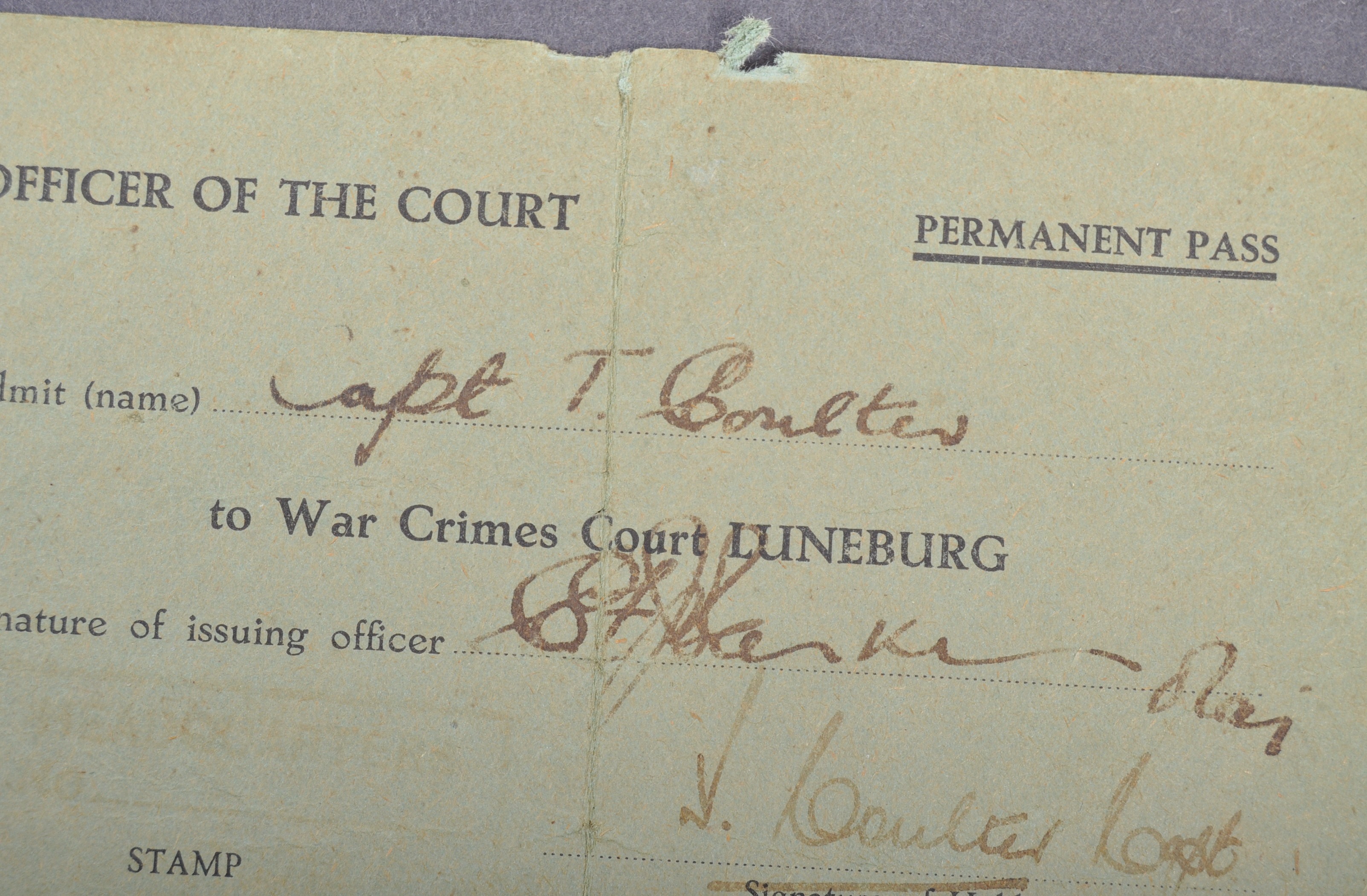 RARE WWII NAZI WAR CRIMES BELSEN COURT TRIALS OFFICER'S PASS - Image 2 of 3