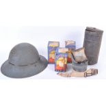 COLLECTION OF WWII ITEMS - ZUCKERMAN HELMET, GAS MASK ETC