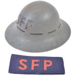 ORIGINAL WWII CIVEL DEFENCE ZUCKERMAN SFP HELMET & ARMBAND