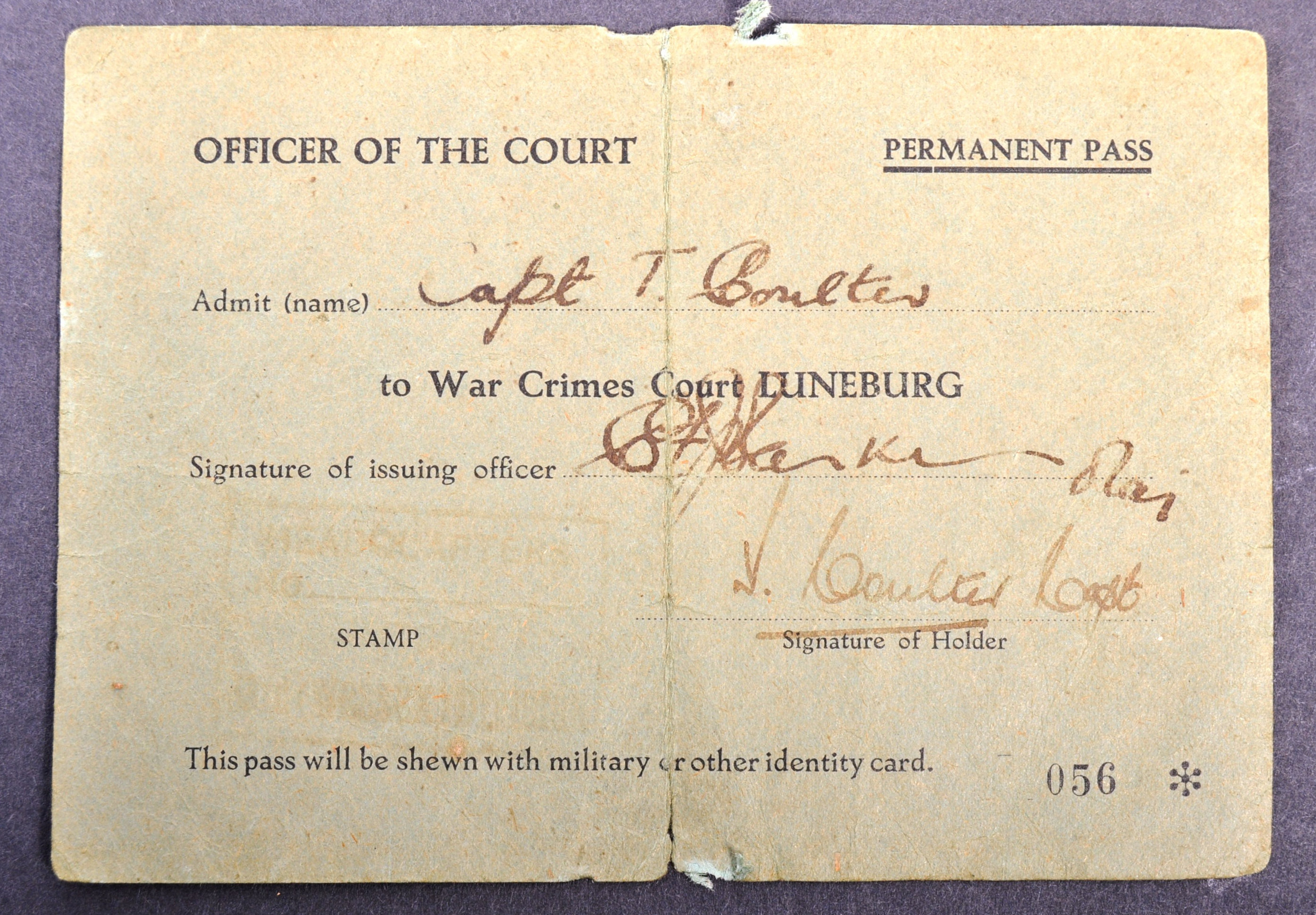 RARE WWII NAZI WAR CRIMES BELSEN COURT TRIALS OFFICER'S PASS