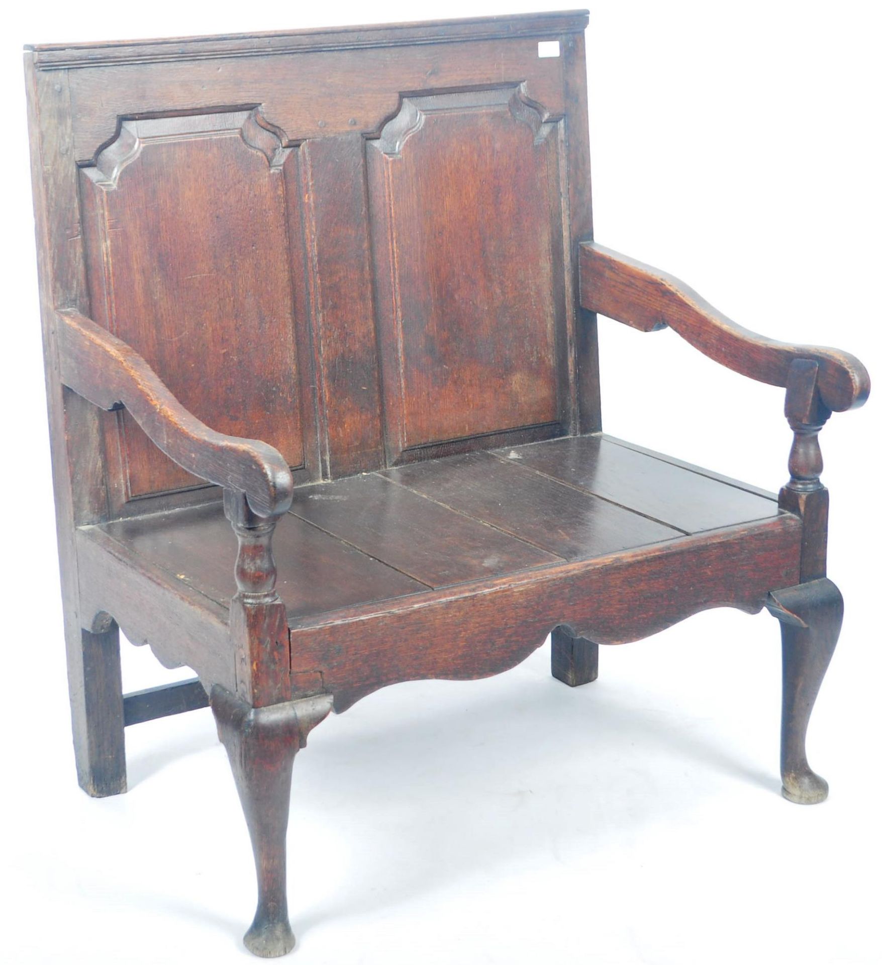 ANTIQUE 18TH CENTURY OAK TWO SEATER HALL SETTLE BENCH - Image 2 of 6