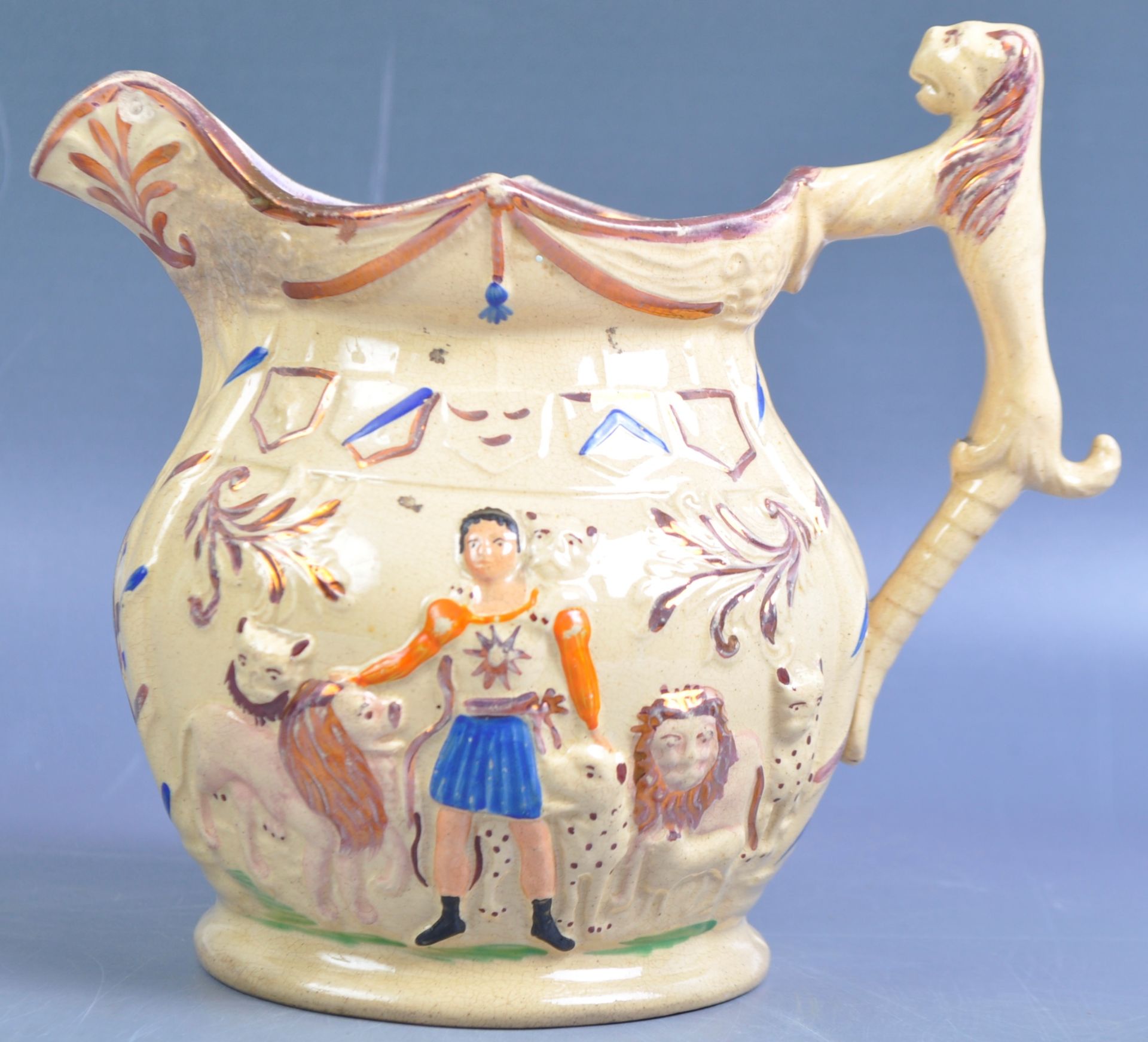 19TH CENTURY STAFFORDSHIRE LUSTER JUG OF VAN AMBURGH THE LION TAMER