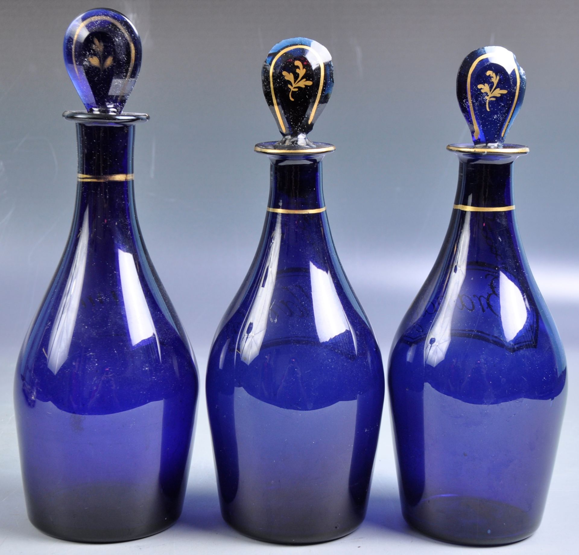 SET OF GEORGIAN BRISTOL BLUE DECANTER BOTTLES IN STAND - Image 5 of 7