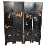19TH CENTURY JAPANESE BLACK LACQUER AND SHIBAYAMA FOUR FOLD SCREEN