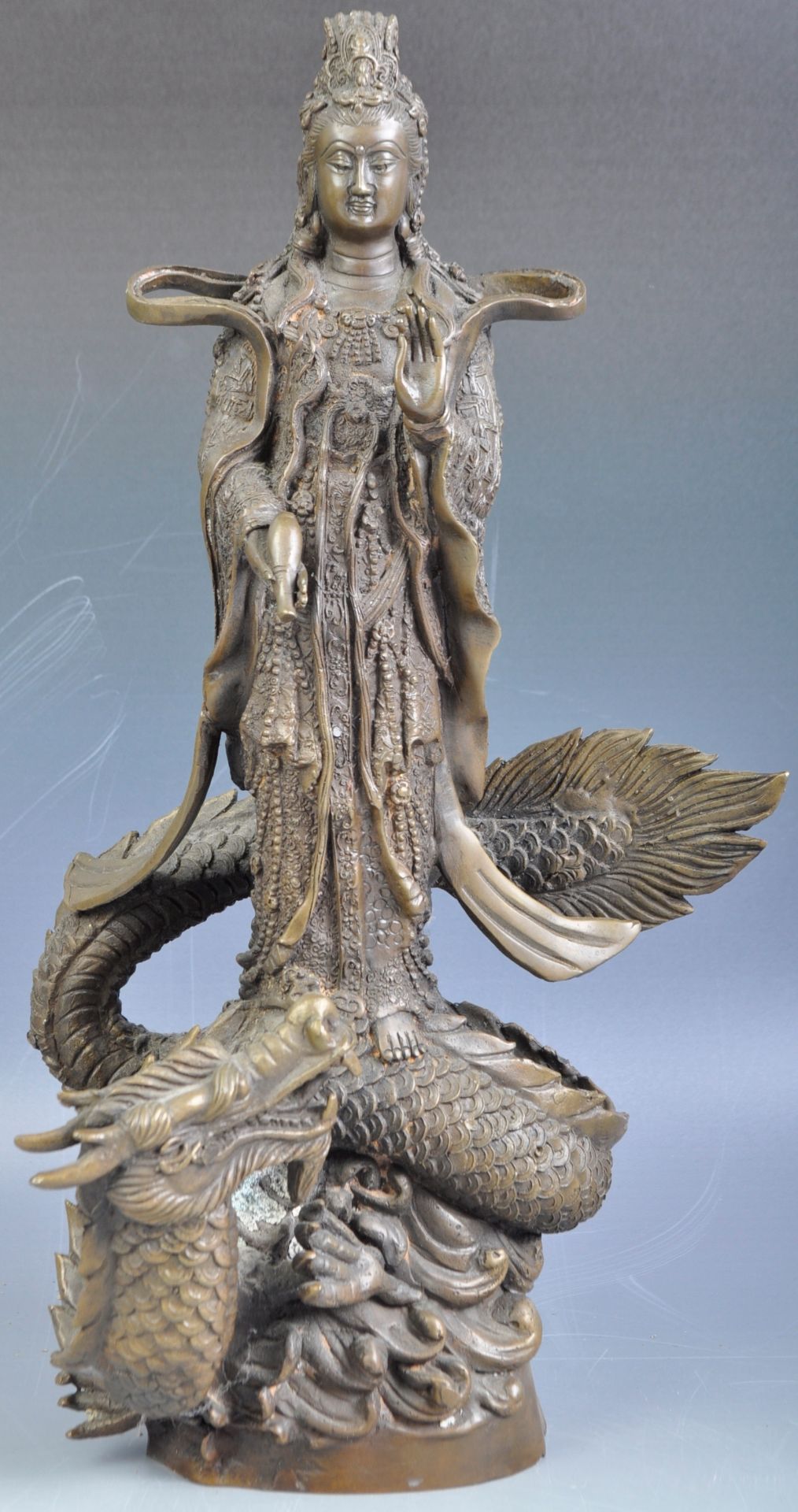 20TH CENTURY CHINESE BRONZE OF GUANYIN ON DRAGON