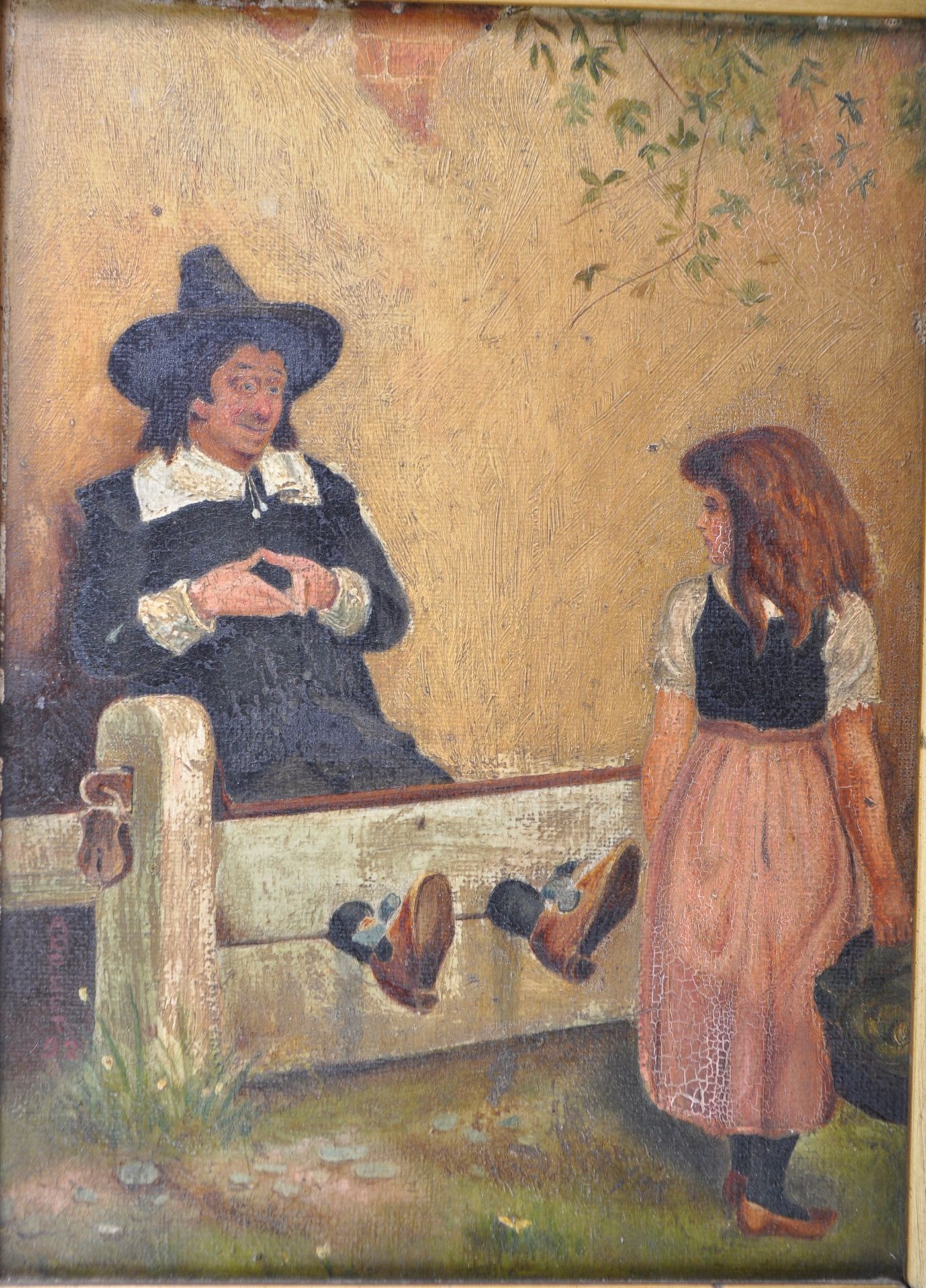 19TH CENTURY OIL ON BOARD PAINTING DEPICTING A QUAKER IN STOCKS - Image 2 of 4