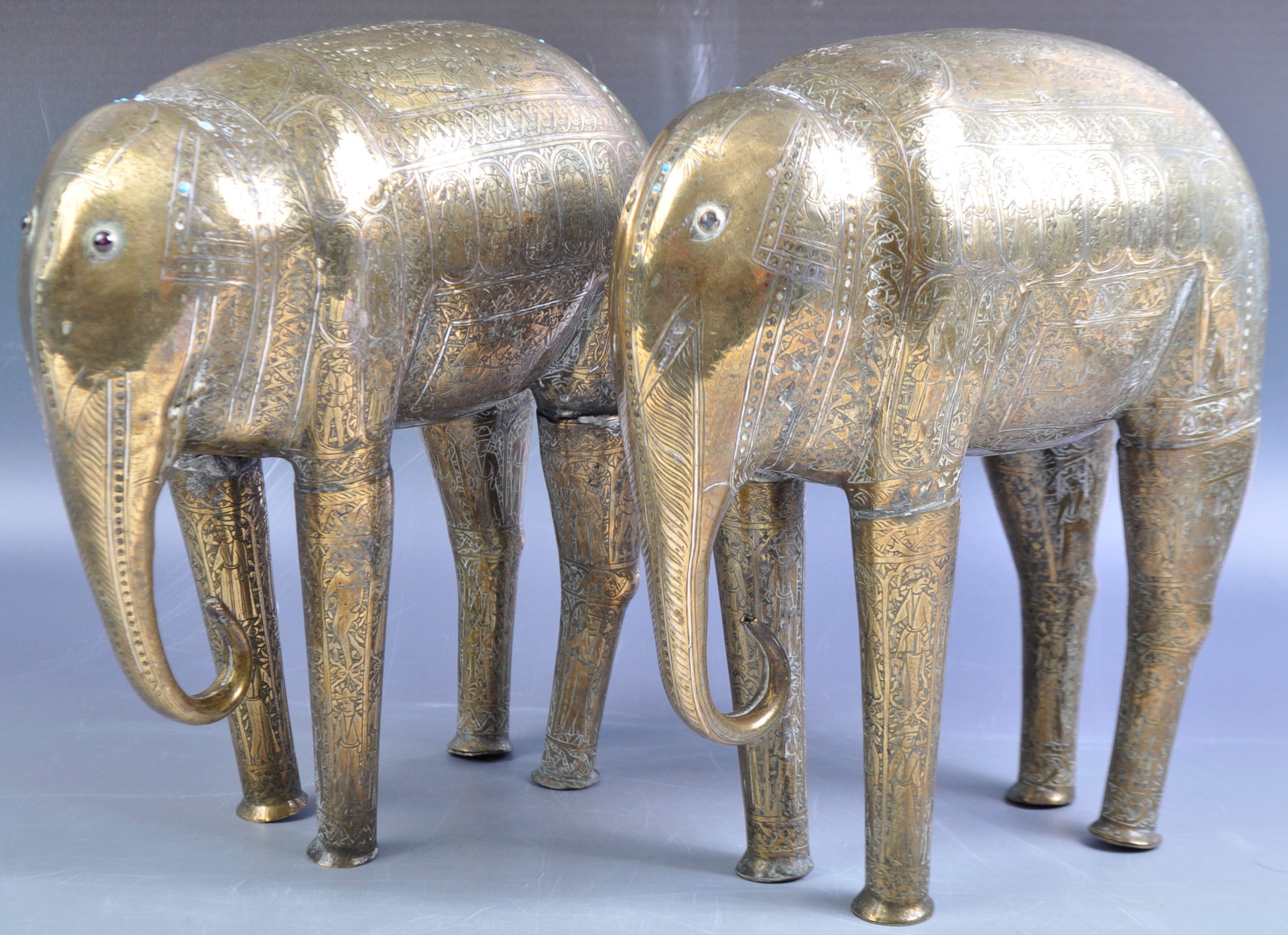 19TH CENTURY INDIAN / MIDDLE EASTERN FINELY ENGRAVED BRASS ELEPHANTS