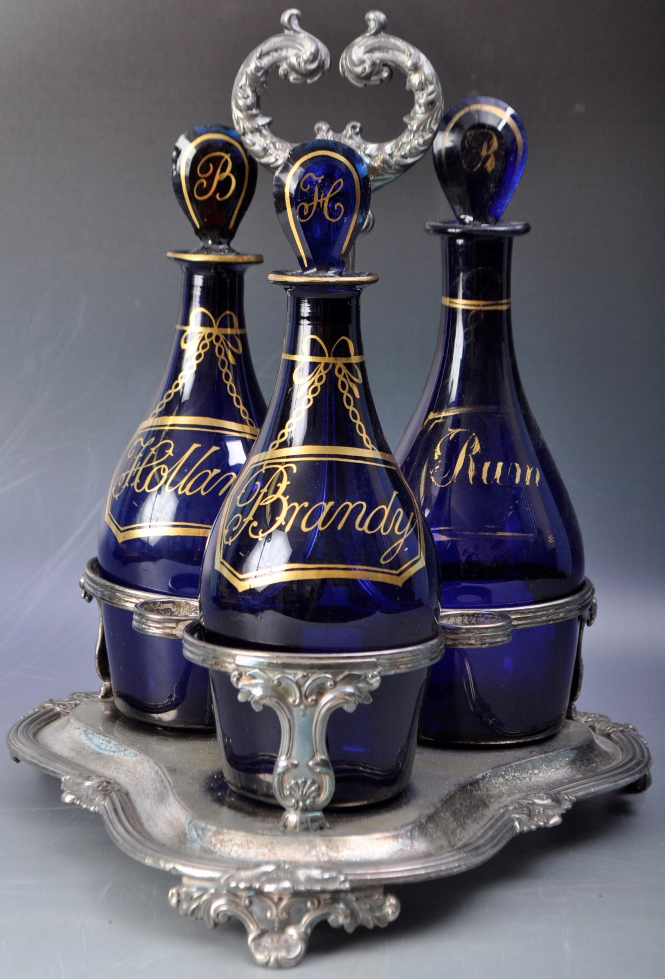 SET OF GEORGIAN BRISTOL BLUE DECANTER BOTTLES IN STAND - Image 7 of 7