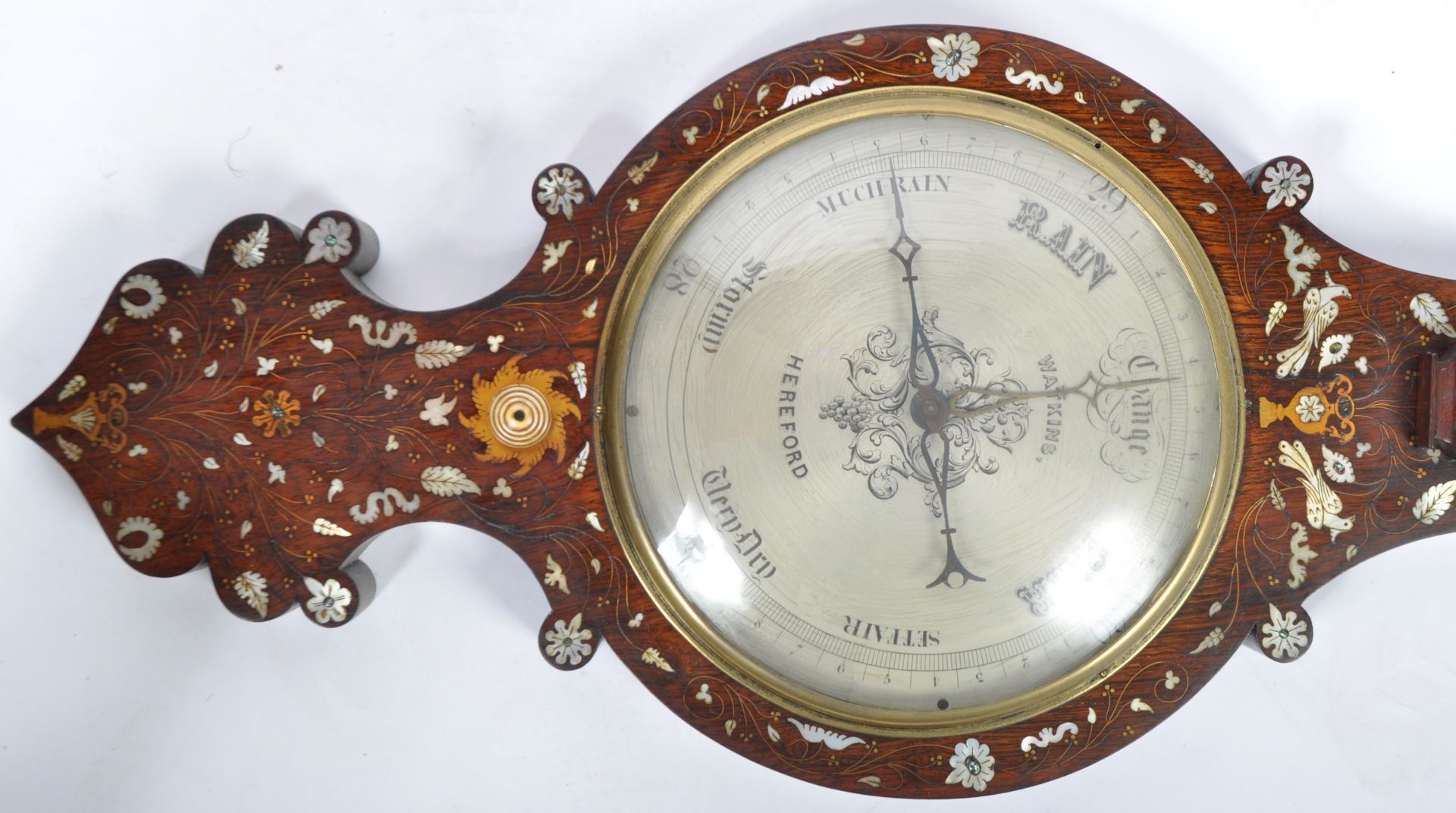 19TH CENTURY VICTORIAN ROSEWOOD AND MOTHER OF PEARL BANJO BAROMETER - Image 3 of 7