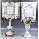 TWO ANTIQUE LEADED GLASS CELLOPHANE PANEL LAMPSHADES