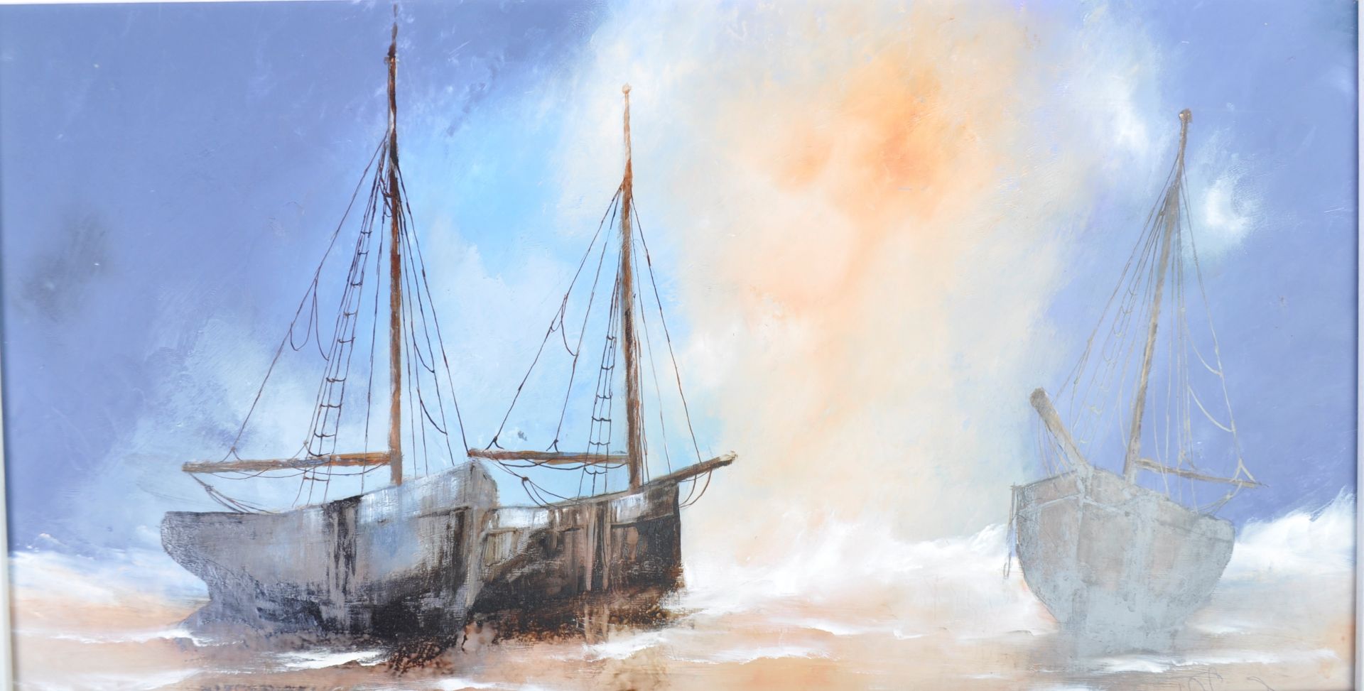 DAVID CHAMBERS - ENGLISH ARTIST - OIL ON BOARD PAINTING OF FISHING BOATS ON THE BEACH - Image 2 of 4