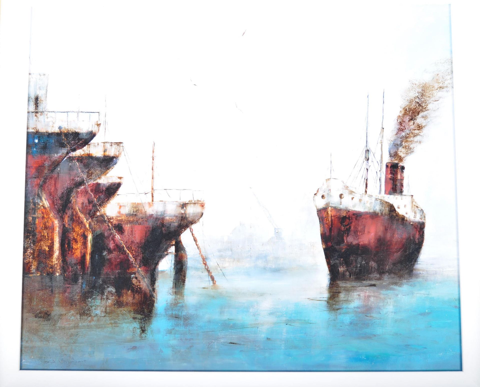 DAVID CHAMBERS - ENGLISH ARTIST - OIL ON BOARD OF MOORED BOATS - Image 2 of 5