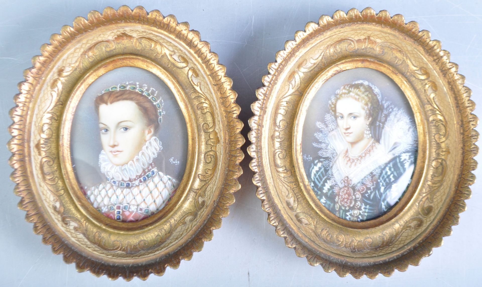 PAIR OF FRENCH PORTRAIT MINIATURES SIGNED RUBY