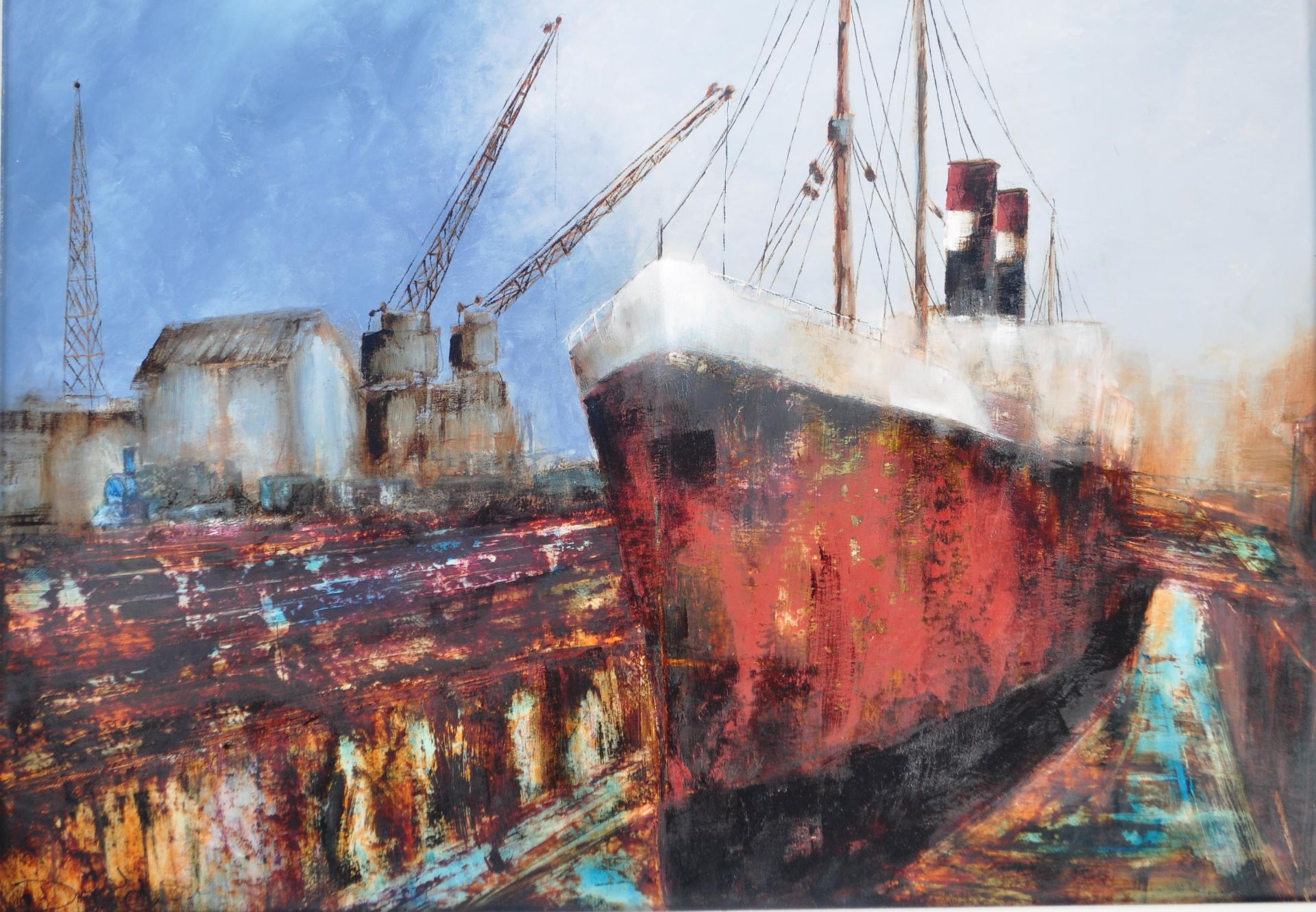 DAVID CHAMBERS - ENGLISH ARTIST - OIL ON BOARD OF BRISTOL DOCKS - Image 3 of 5