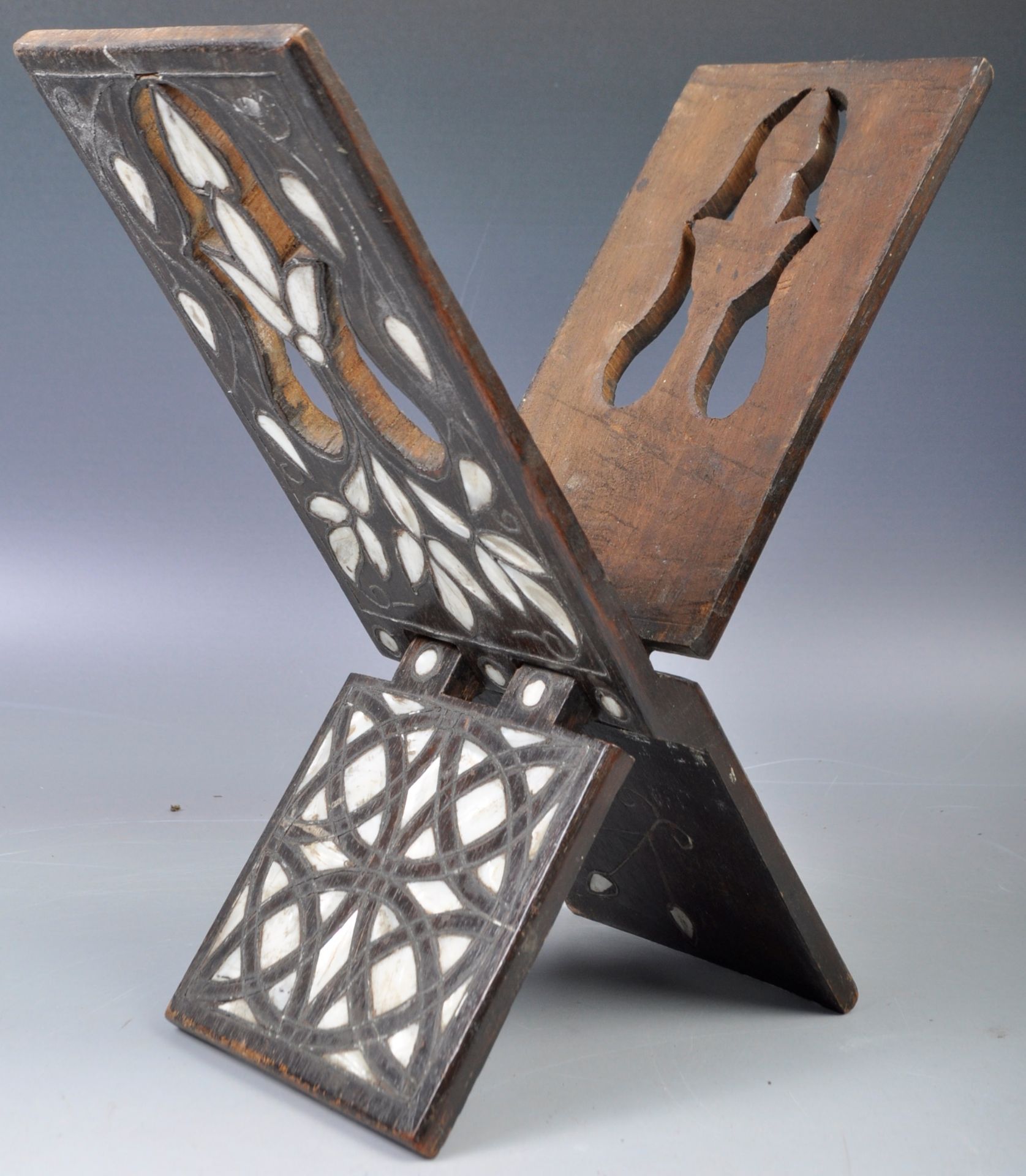 19TH CENTURY MIDDLE EASTERN ANTIQUE KORAN STAND WITH MOTHER OF PEARL AND PEWTER INLAY