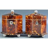 STUNNING PAIR OF 19TH CENTURY OCTAGONAL TORTOISESHELL TEA CADDIES