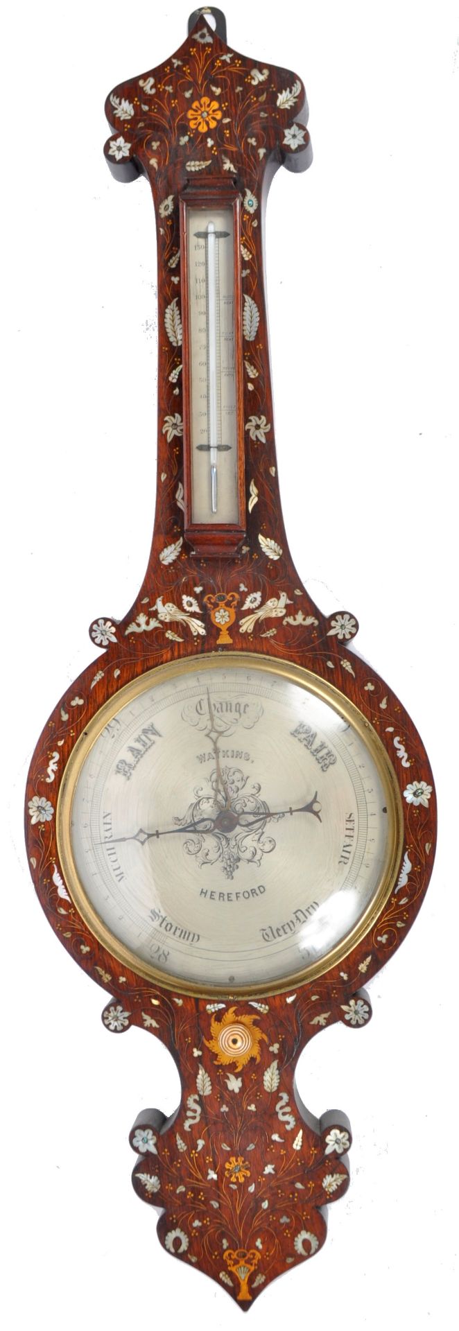 19TH CENTURY VICTORIAN ROSEWOOD AND MOTHER OF PEARL BANJO BAROMETER