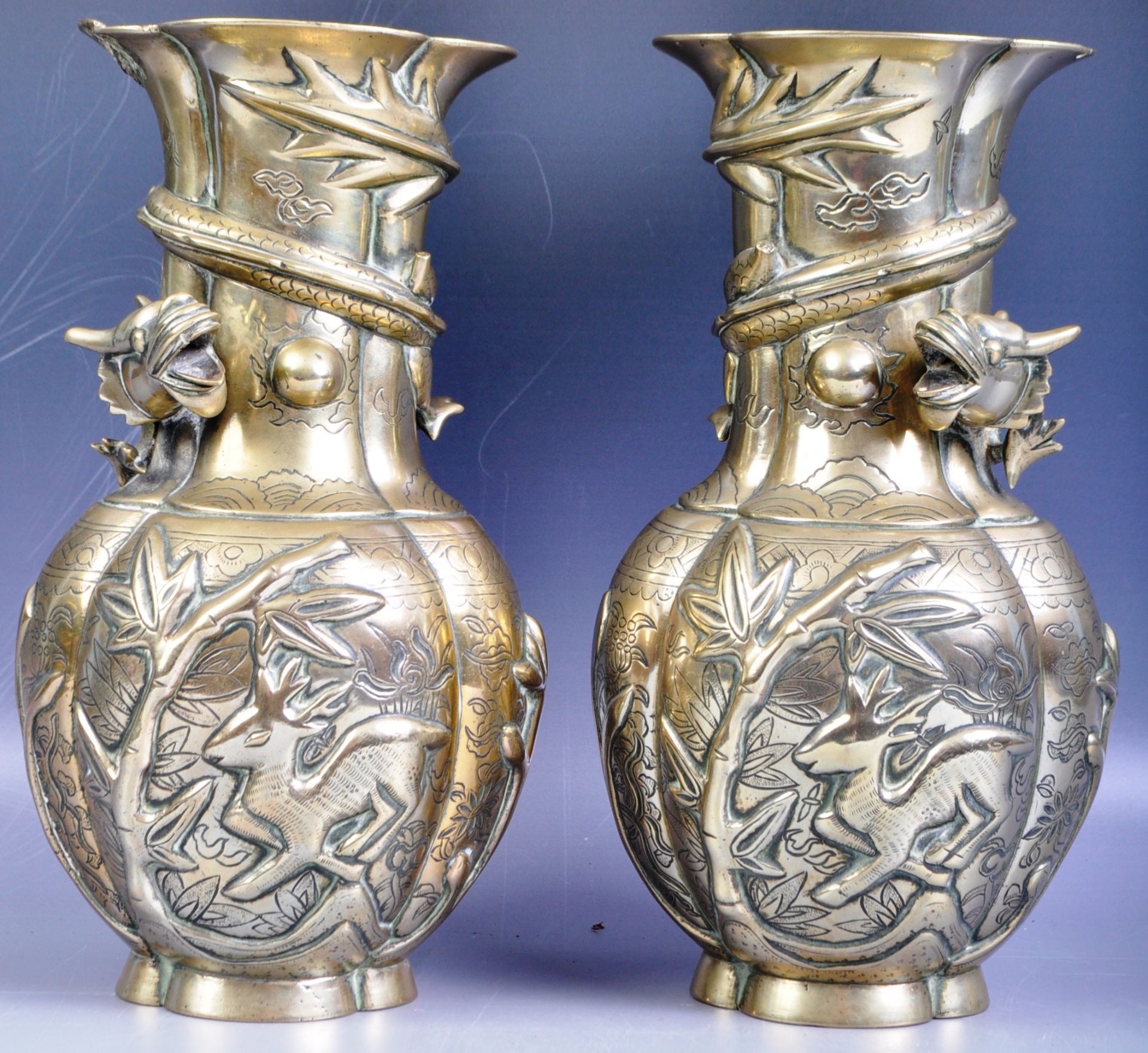 PAIR OF 19TH CENTURY CHINESE BRONZE DRAGON VASES