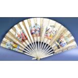 EARLY 19TH CENTURY GILDED HAND PAINTED IVORY FAN WITH SILVER INLAY