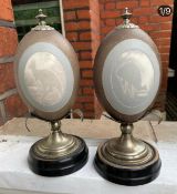 PAIR OF ANTIQUE CARVED EMU EGGS ON SILVER PLATED STANDS