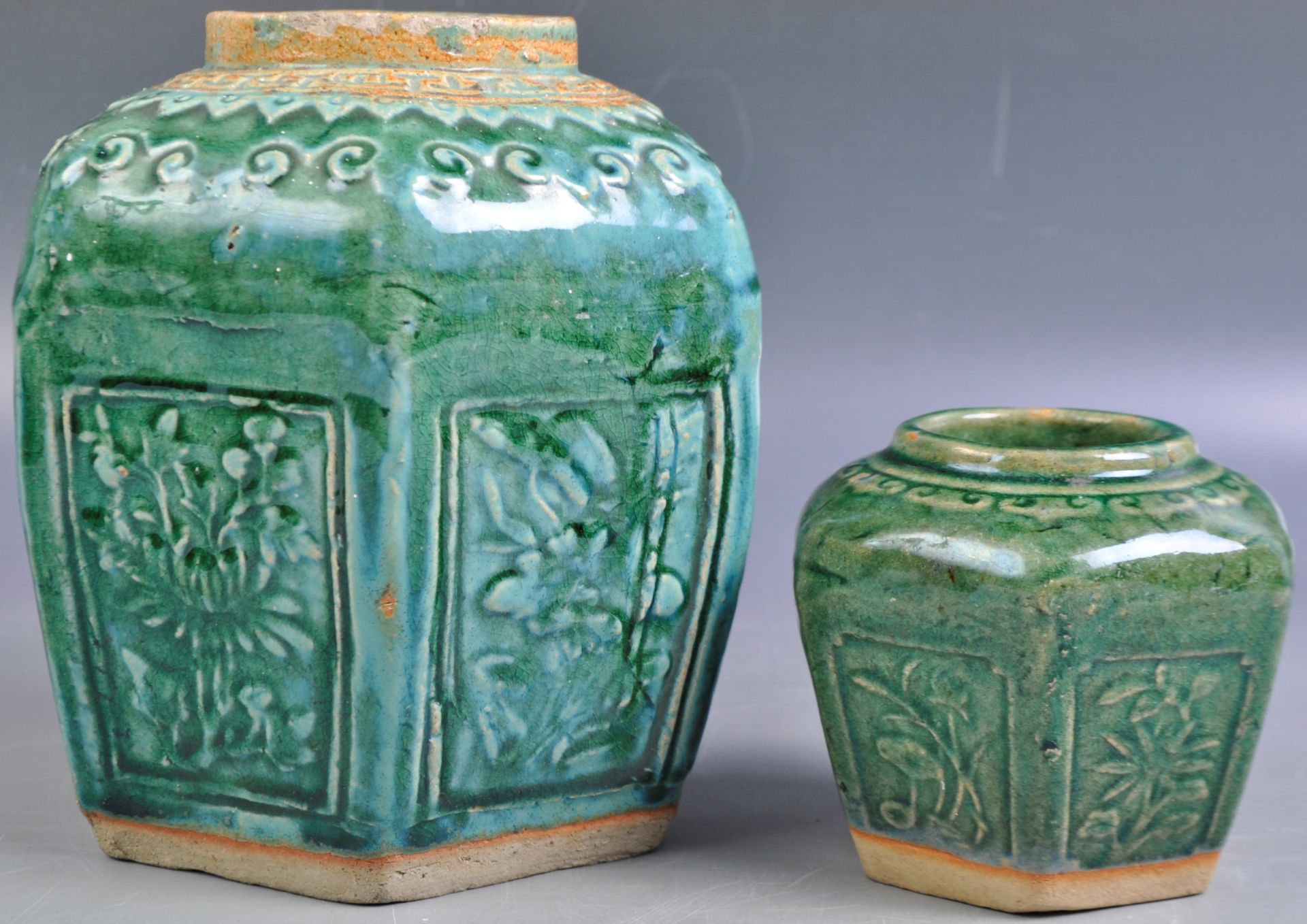 GRADUATING PAIR OF 19TH CENTURY CHINESE SHIWAN CELADON GLAZED GINGER JARS - Image 2 of 7