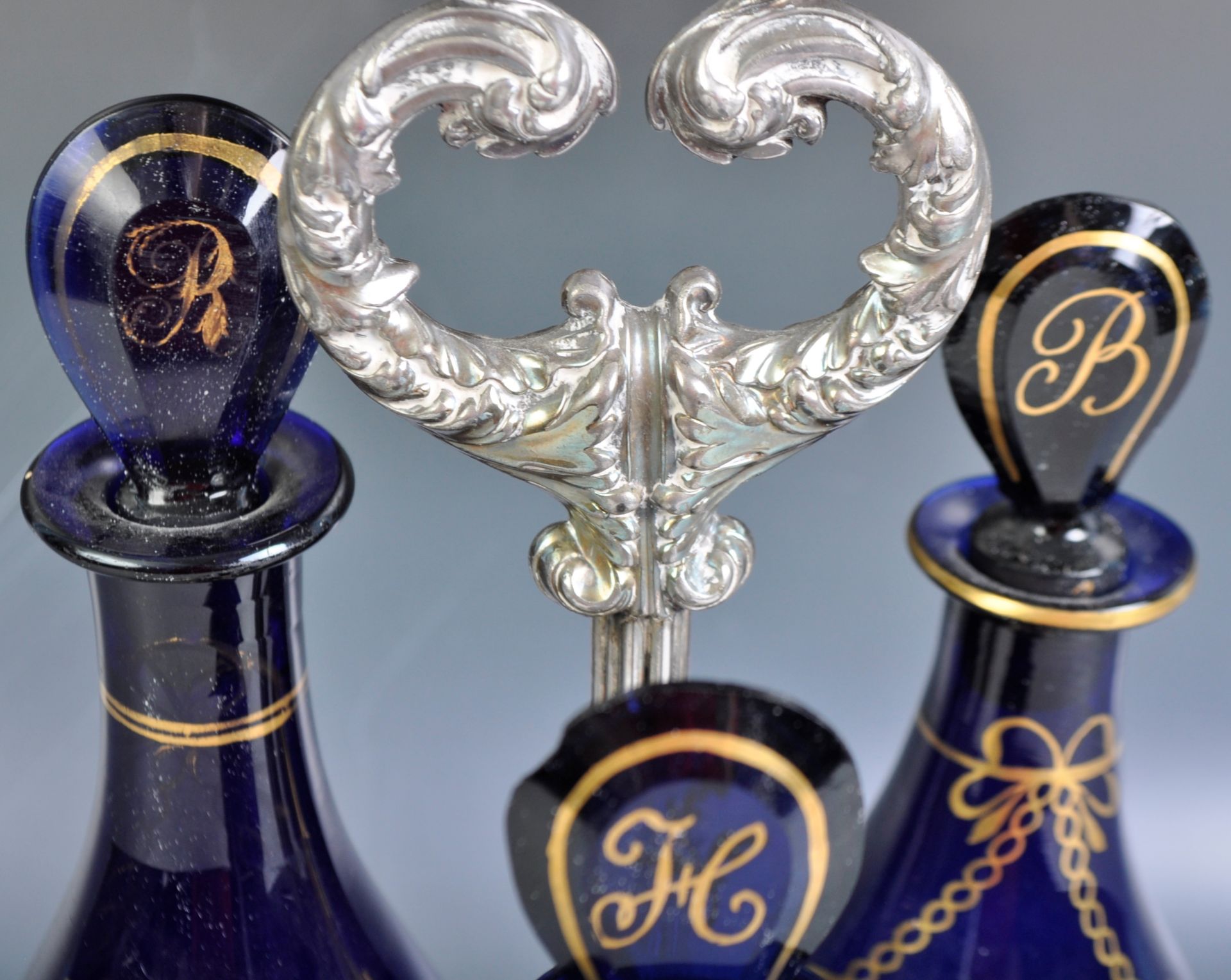 SET OF GEORGIAN BRISTOL BLUE DECANTER BOTTLES IN STAND - Image 2 of 7