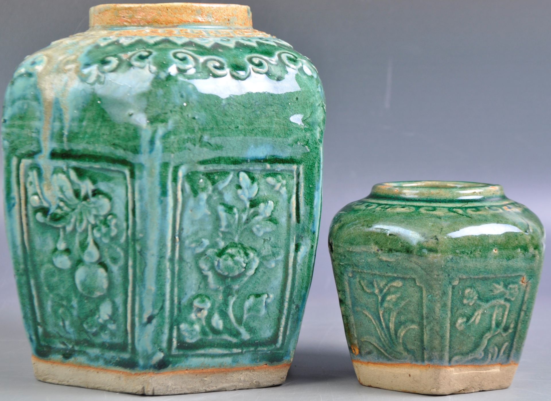 GRADUATING PAIR OF 19TH CENTURY CHINESE SHIWAN CELADON GLAZED GINGER JARS