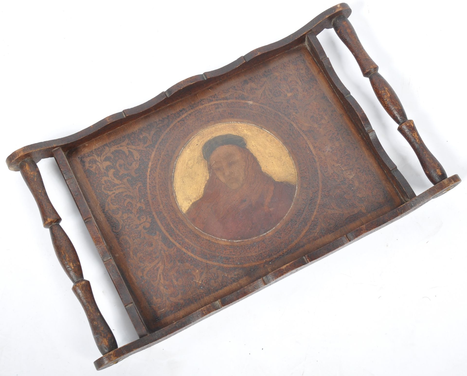 ANTIQUE ARTS & CRAFTS 19TH CENTURY SPANISH POKERWORK TRAY