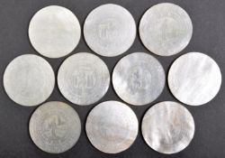 TEN 19TH CENTURY CHINESE MOTHER OF PEARL GAMING TOKENS