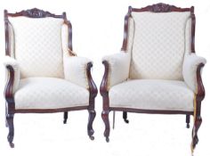 ANTIQUE HIS AND HERS PAIR OF VICTORIAN UPHOLSTERED ARMCHAIRS