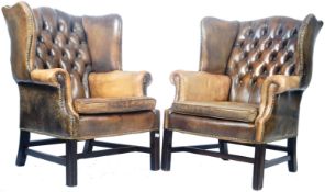 PAIR OF LEATHER QUEEN ANNE TYPE WINGBACK ARMCHAIRS