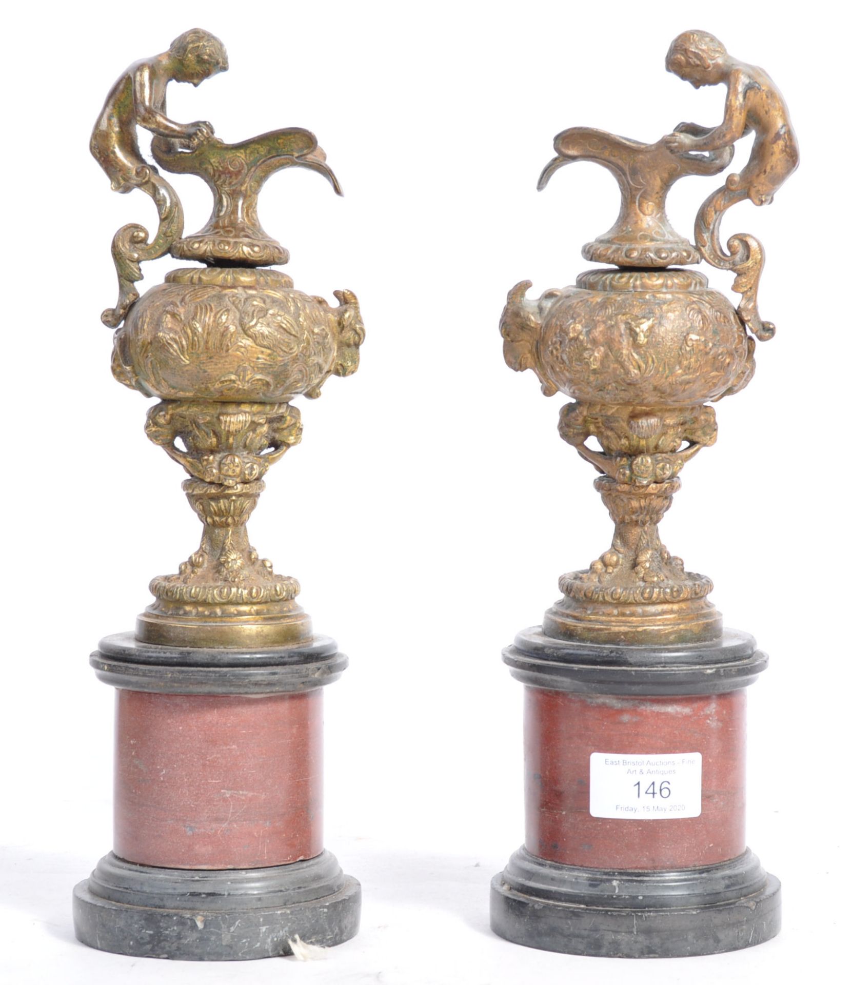 PAIR OF 19TH CENTURY BRONZE AND MARBLE URNS
