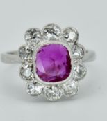 950 Platinum Burma Ruby & Diamond Cluster Ring