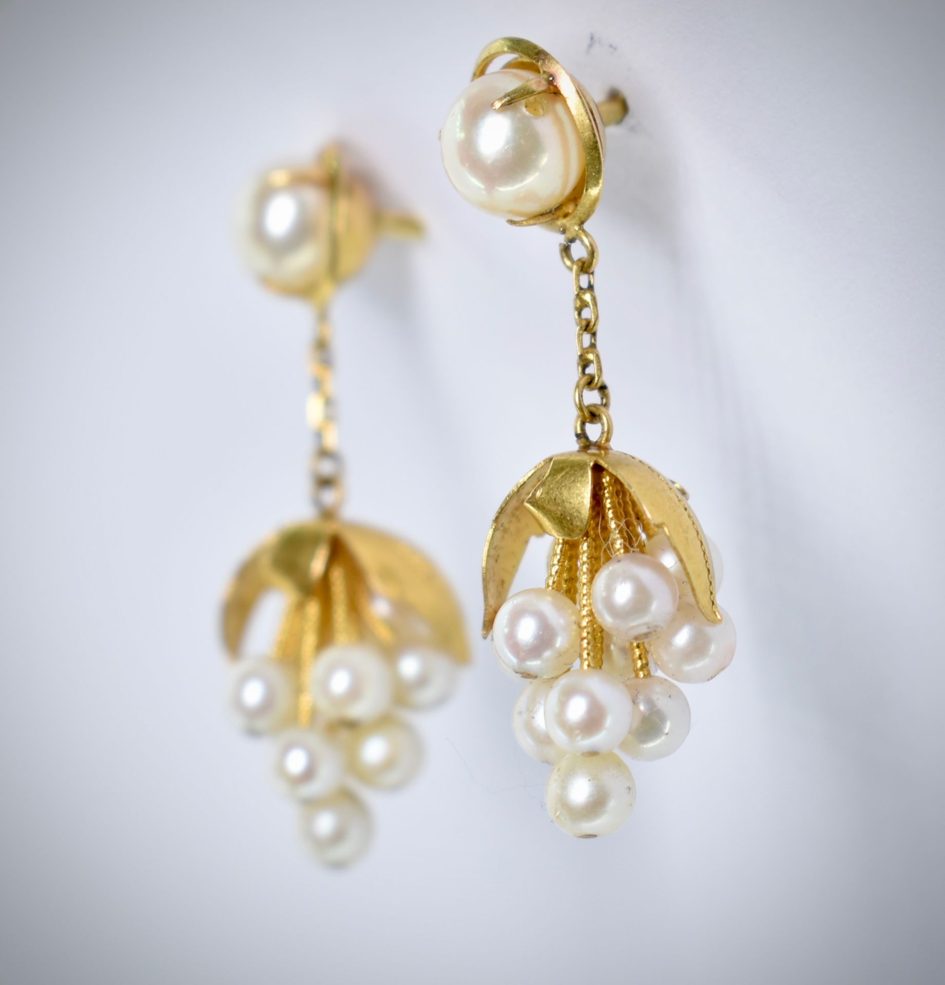 Pair 18ct Yellow Gold & Pearl Drop Cluster Earrings - Image 2 of 4